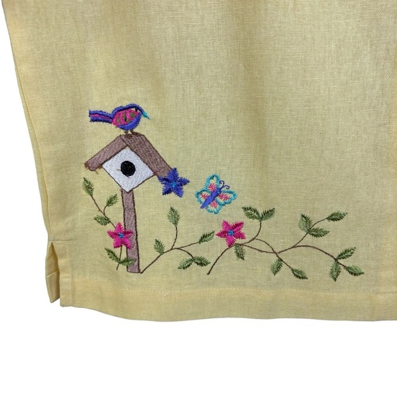 Kim Rogers Yellow Linen Blend Button Down Crop Shirt Embroidered Birds Medium P - Picture 4 of 9